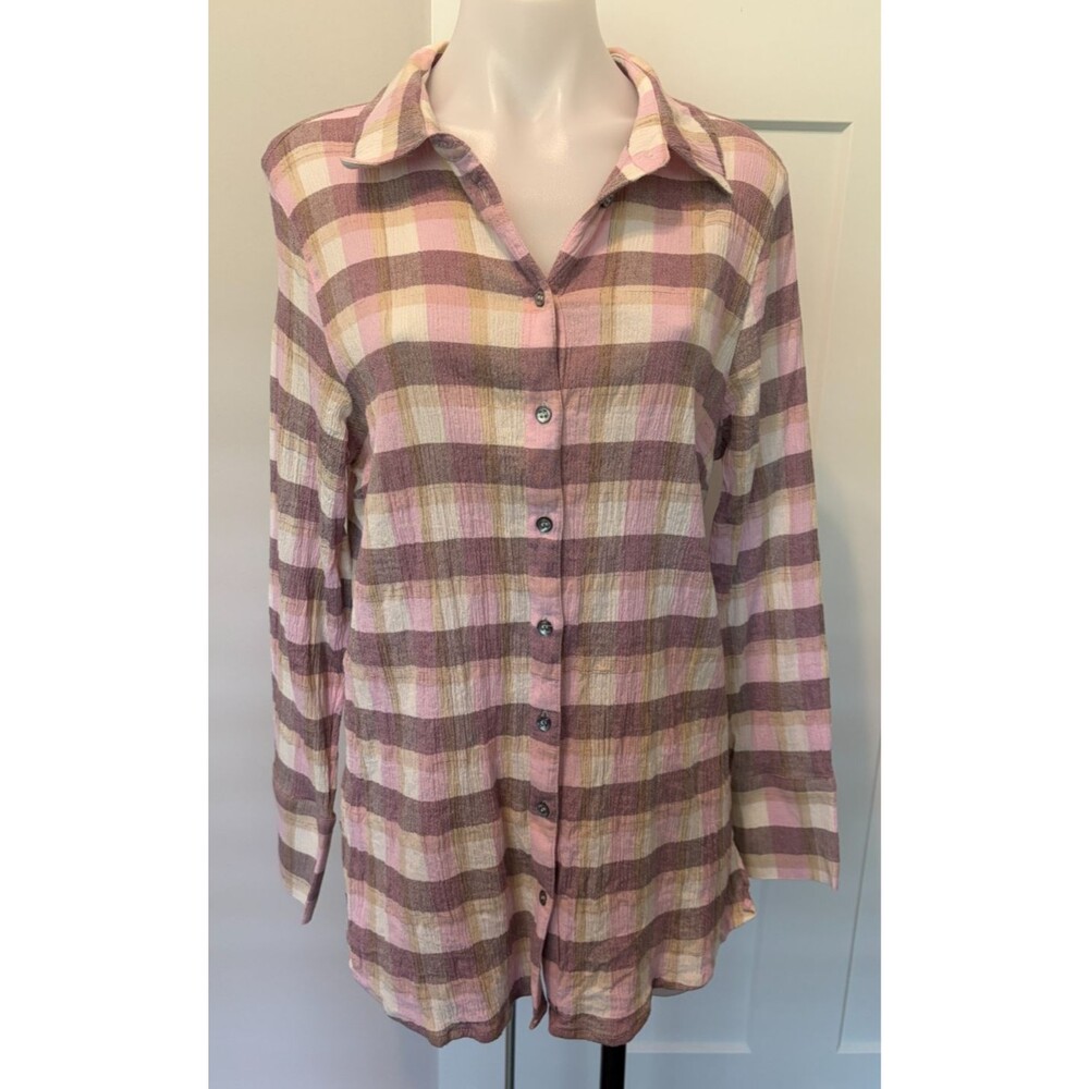 SOFT SURROUNDINGS Womens Button TOP Long Sleeve PURPLE Tan PLAID Crinkle Size XL